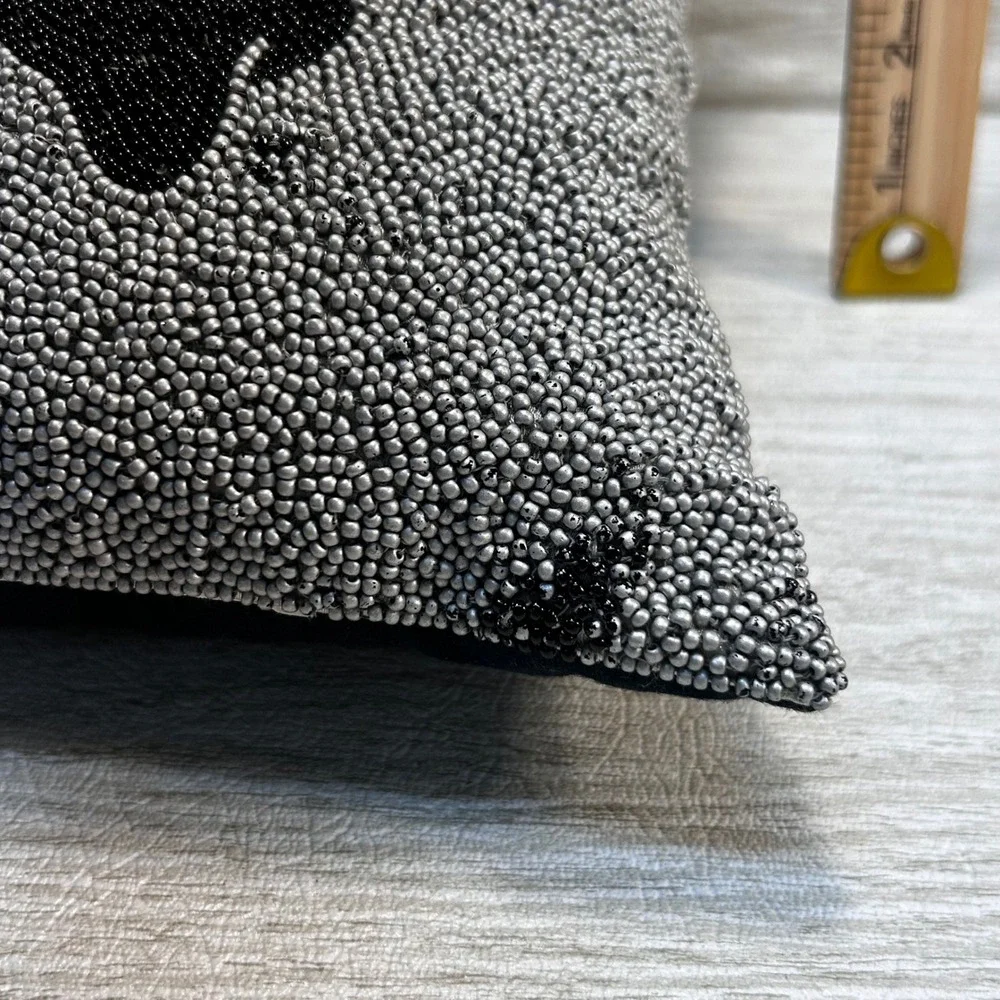 Pottery Barn Beaded Skull‎ Crossbones Pillow Black Silver Square 12x12 Accent